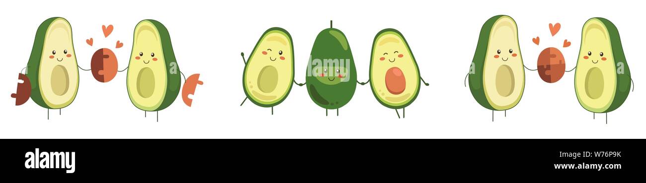 Grande set di vettore Fruit sorridenti personaggi tenendo le mani. Avocado matura in amore con battenti cuori isolati su sfondo bianco. Kawaii style Illustrazione Vettoriale