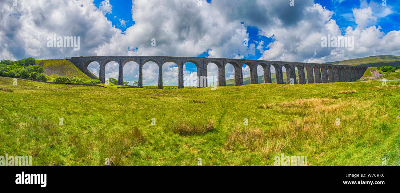 Vista di un grande vecchio stile vittoriano viadotto ferroviario attraverso la valle rurale in uno scenario paesaggistico panorama Foto Stock