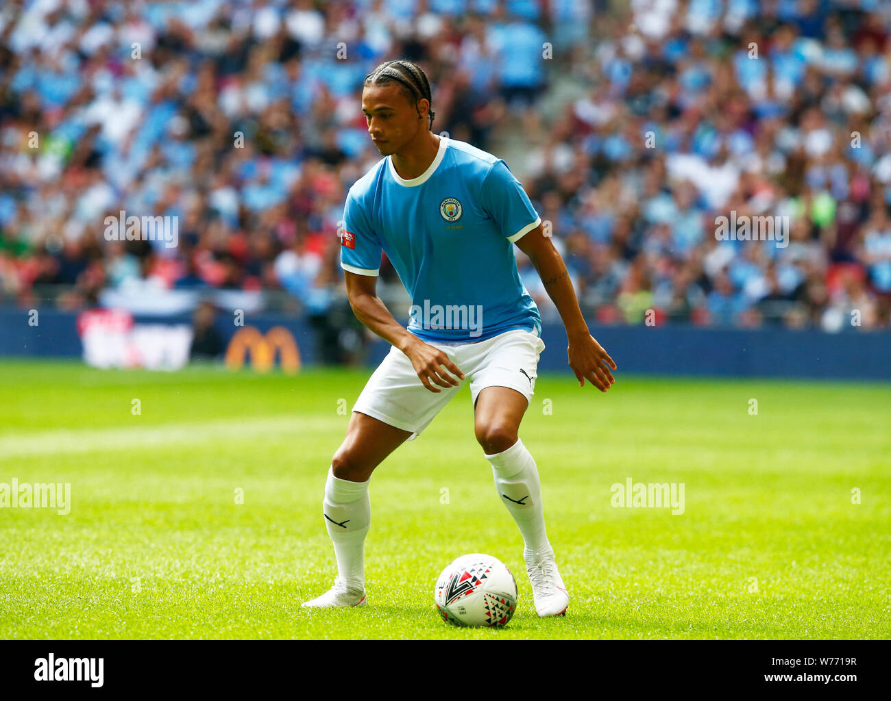 Londra, Regno Unito. 04 Ago, 2019. Londra, Inghilterra. Agosto 04: Manchester City's Leroy sane durante la comunità fa scudo tra Liverpool e Manchester City a Wembley Stadium il 04 agosto 2019 a Londra, Inghilterra. Credit: Azione Foto Sport/Alamy Live News Foto Stock