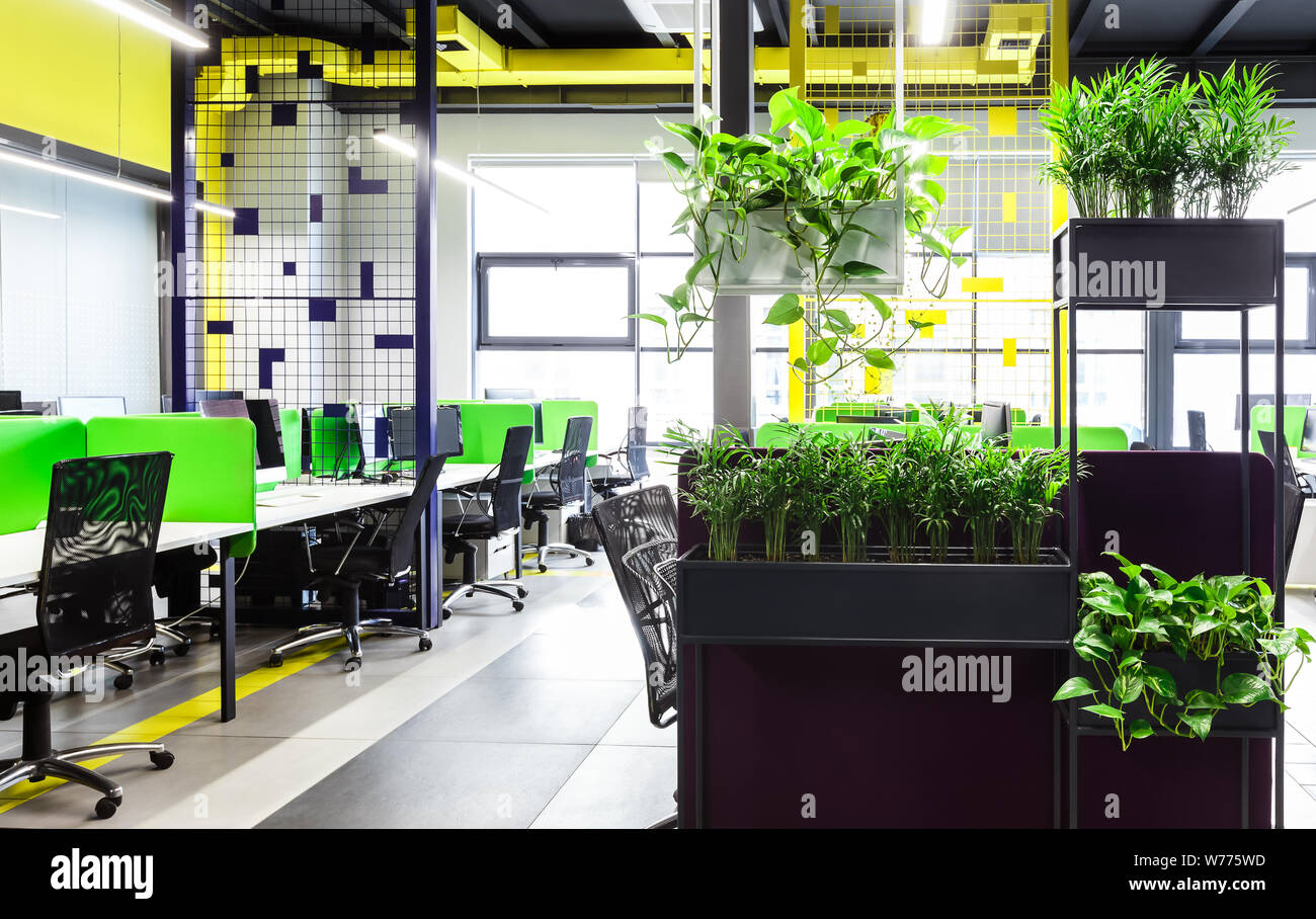 Modern open space office interno con piante verdi Foto Stock