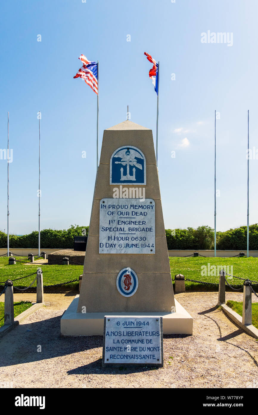 La Seconda Guerra Mondiale il D-Day noi 1Ingegnere brigata speciale Memoriale al di fuori di Utah Beach Museum, Ste-Marie-du-Mont, Normandia, Francia Foto Stock