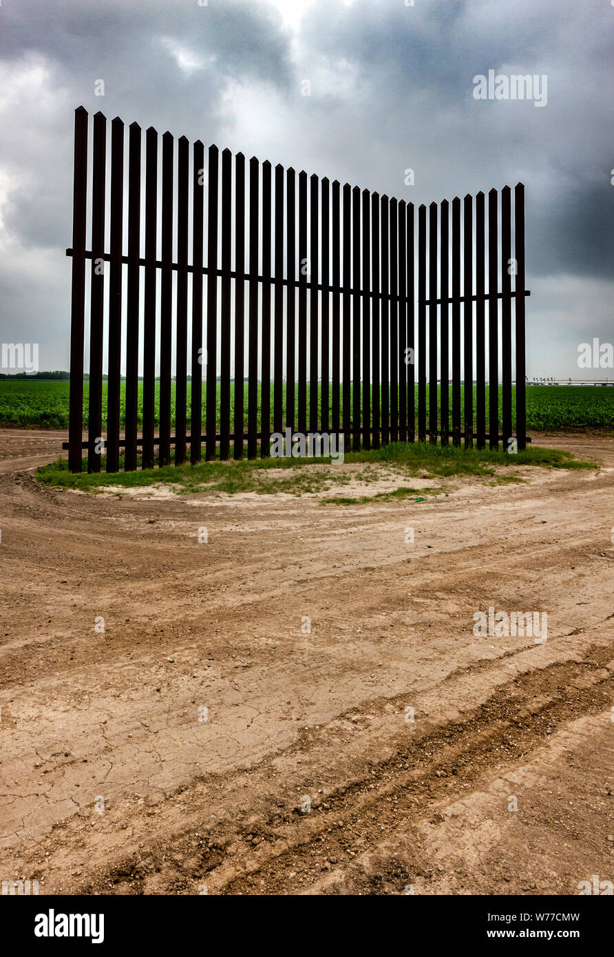 Giovani stocchi di mais crescono in un campo nei pressi di una sezione di la recinzione di confine in Los Indios non lontano dal ponte internazionale di Los Indios, TX, Stati Uniti d'America Foto Stock
