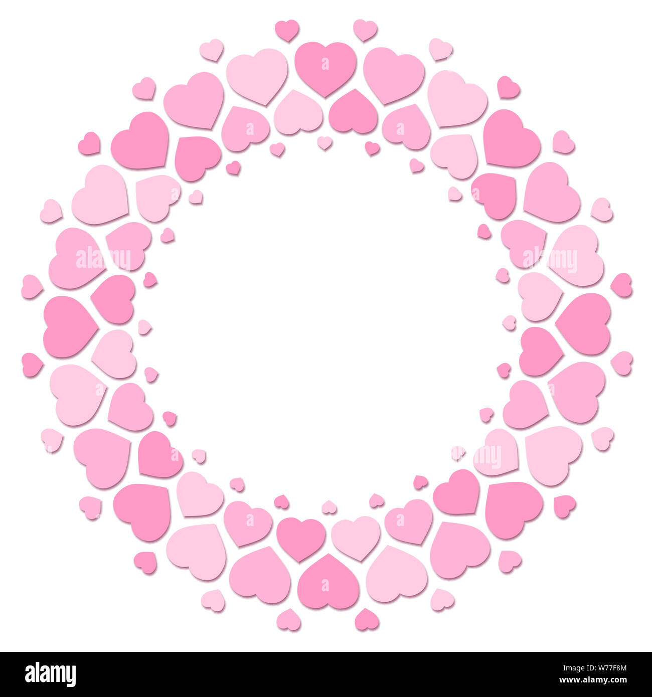 Cuori rosa formando una cornice rotonda con centro vuoto. Immagine su sfondo bianco. Foto Stock