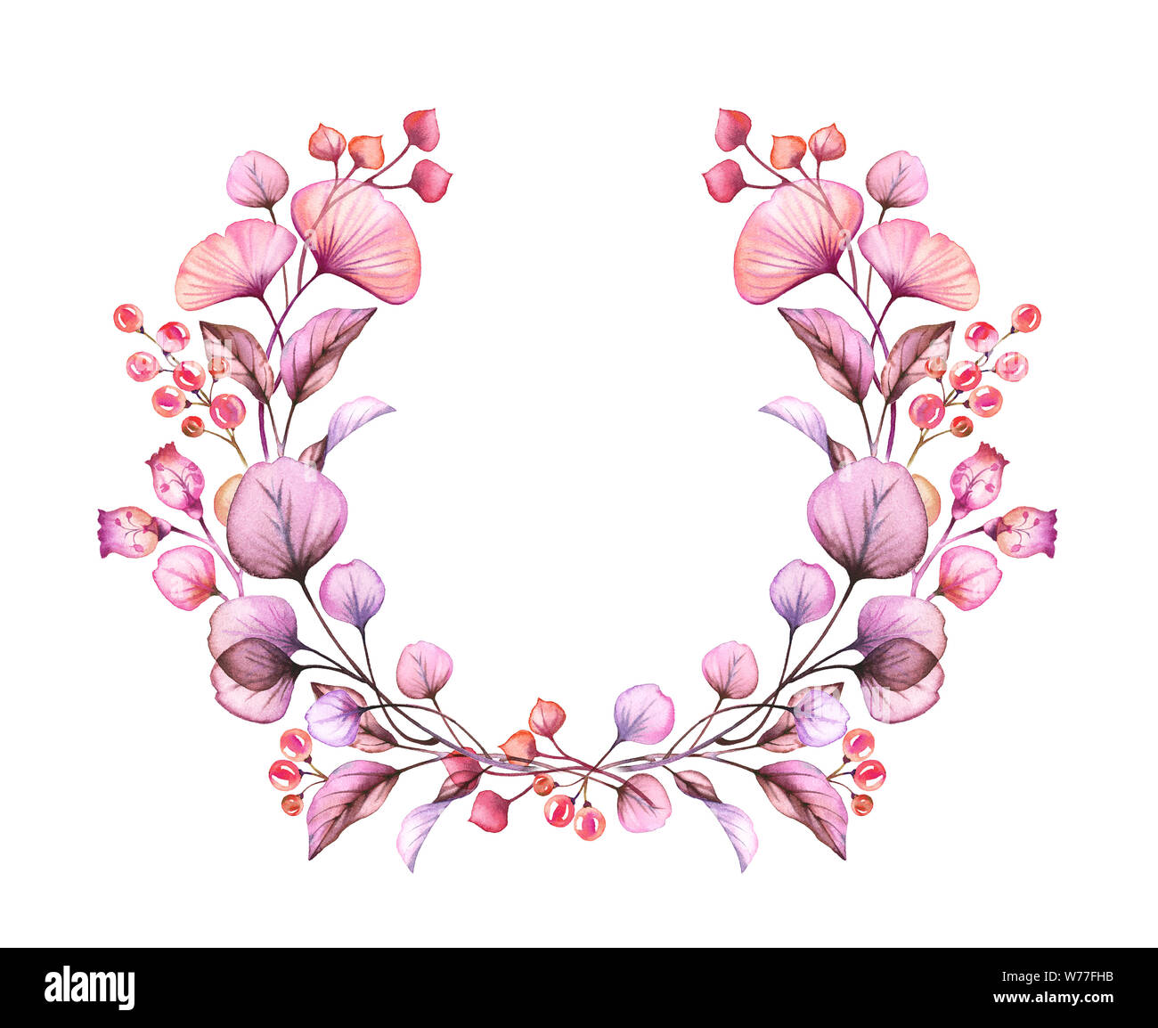 Acquerello trasparente ghirlanda di fiori isolati su bianco floreale disposizione rotonda di bacche e foglie, rami bundle in rosa pastello viola viola Foto Stock
