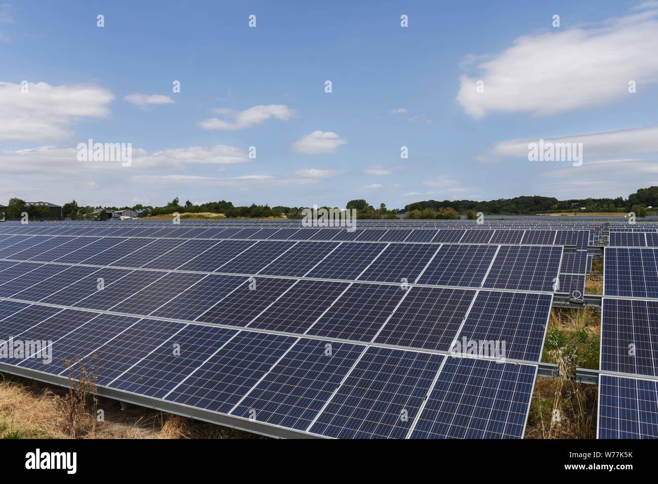 Stratford-upon-Avon, Warwickshire, luglio 2018. Un impianto solare vicino a Stratford-upon-Avon nel Warwickshire, Regno Unito. Credito: Interrompi stampa Media/Alamy Live News Foto Stock