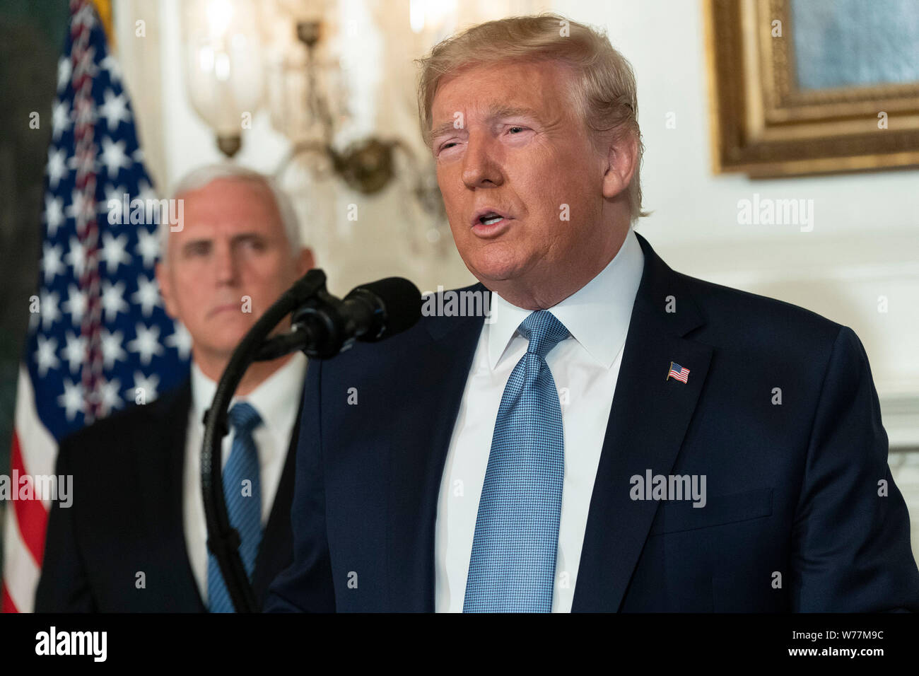 Washington, Stati Uniti d'America. 05 Ago, 2019. Il Presidente degli Stati Uniti, Trump fa una dichiarazione presso la Casa Bianca di Washington, DC in risposta a due distinti incidenti di tiro, 5 agosto 2019. Credito: Chris Kleponis/Piscina via CNP | Utilizzo di credito in tutto il mondo: dpa/Alamy Live News Foto Stock