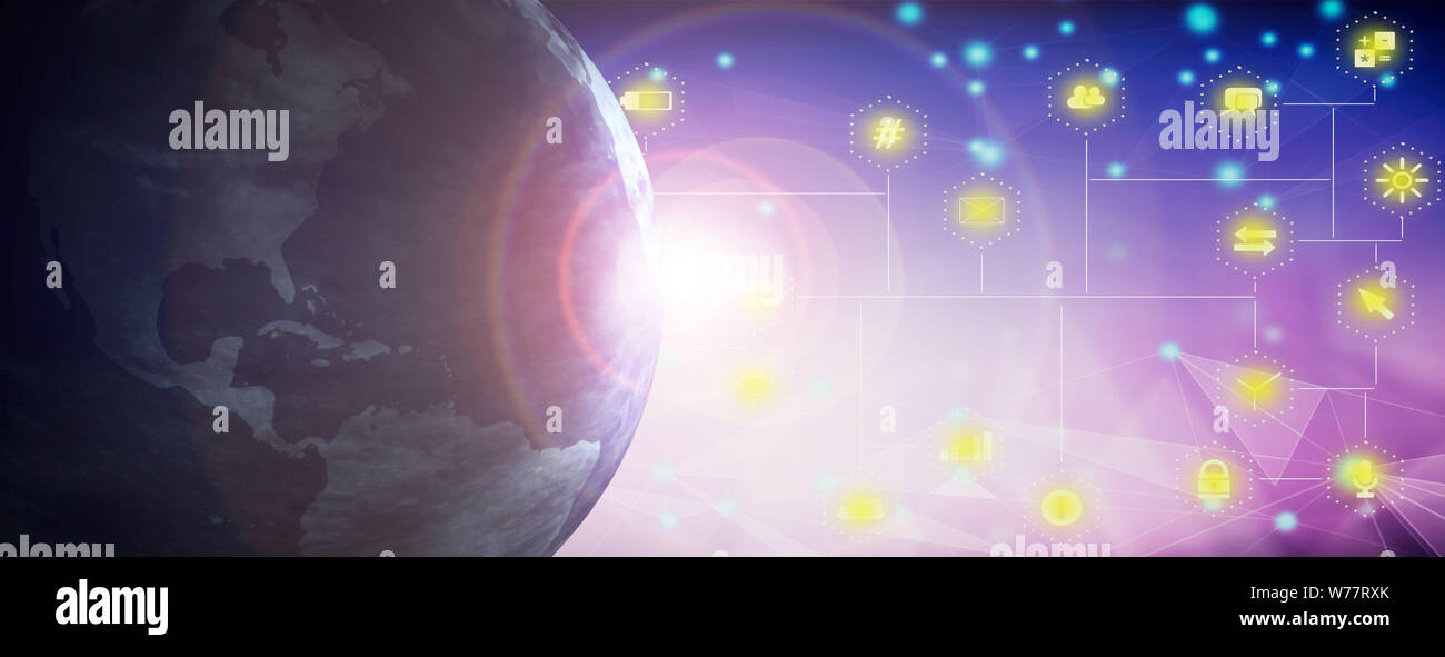 Rete globale, tecnologia mobile app. Pianeta Terra a sunrise dallo spazio, app icone sfondo, banner, copia dello spazio. 3d illustrazione Foto Stock