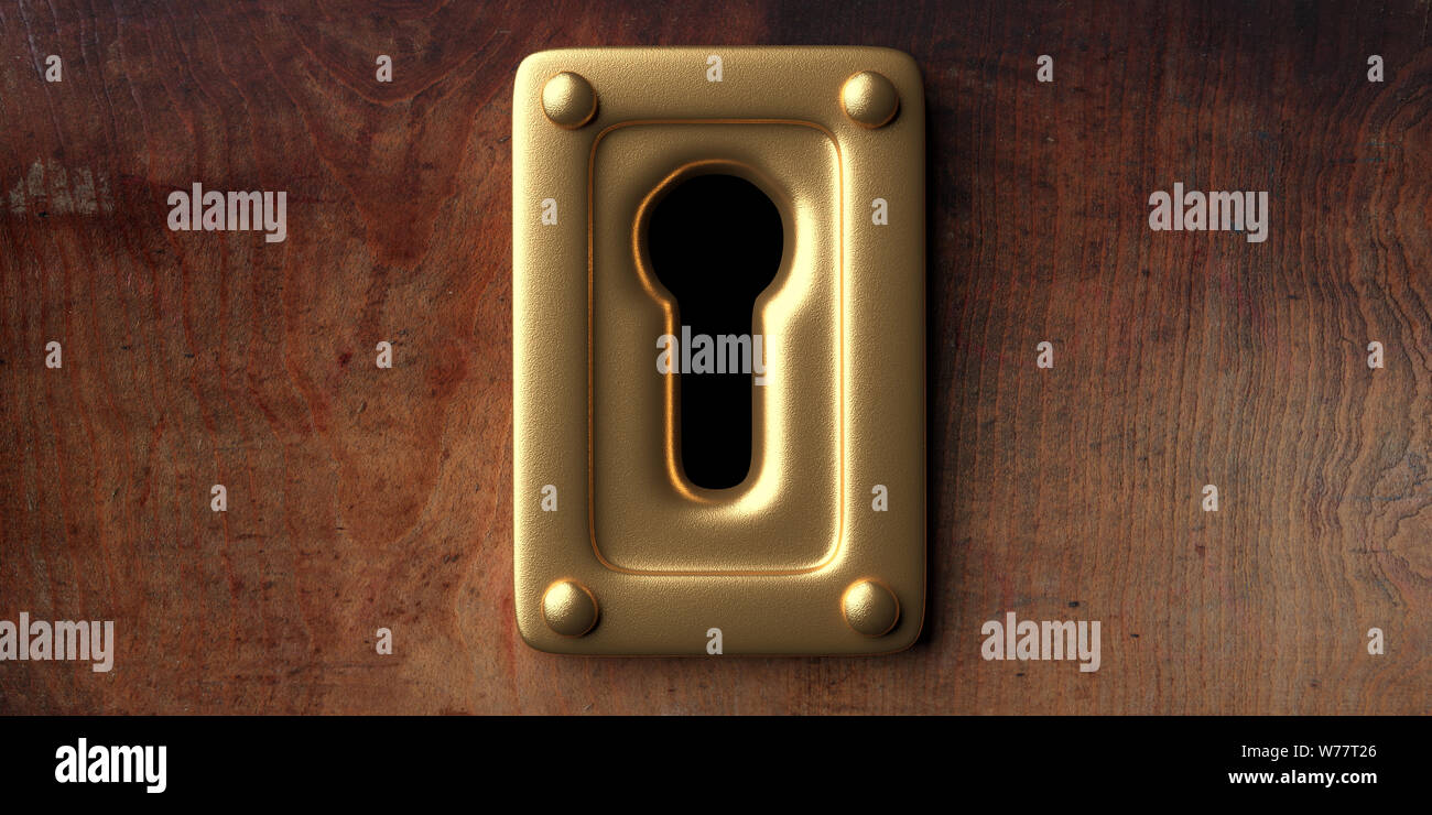 Segreto, mistero concetto. Oro keyhole closeup view, porta di legno sfondo, banner. 3d illustrazione Foto Stock
