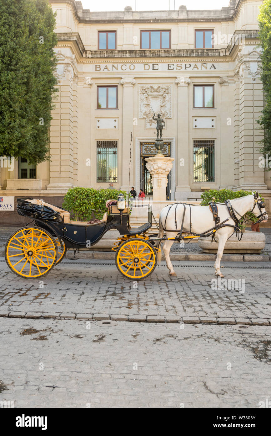 Un turista cavallo e carrozza in strada a Siviglia Spagna, pronto a prendere i turisti su un carro trainato da cavalli giro per la città. Foto Stock