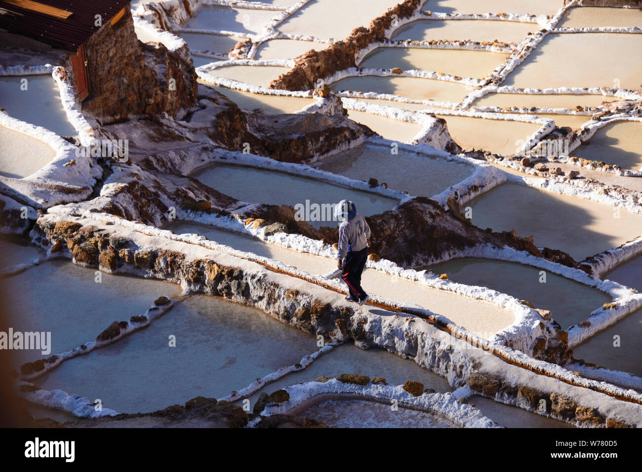 Lavoratore presso le saline di Maras, Valle Sacra, Perù Foto Stock
