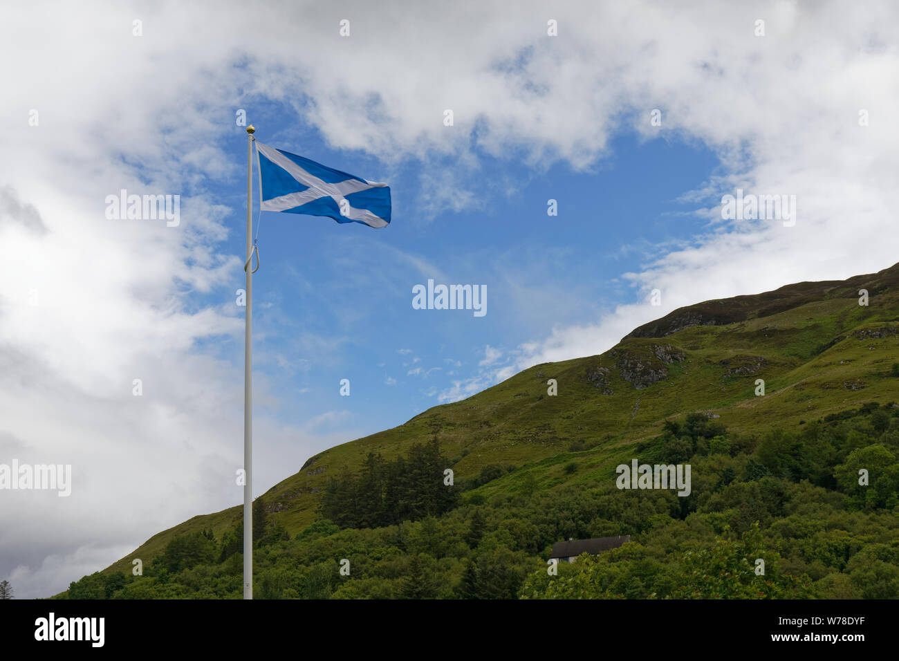 Bandiera scozzese oltre le montagne delle Highlands - Scozia, Regno Unito Foto Stock