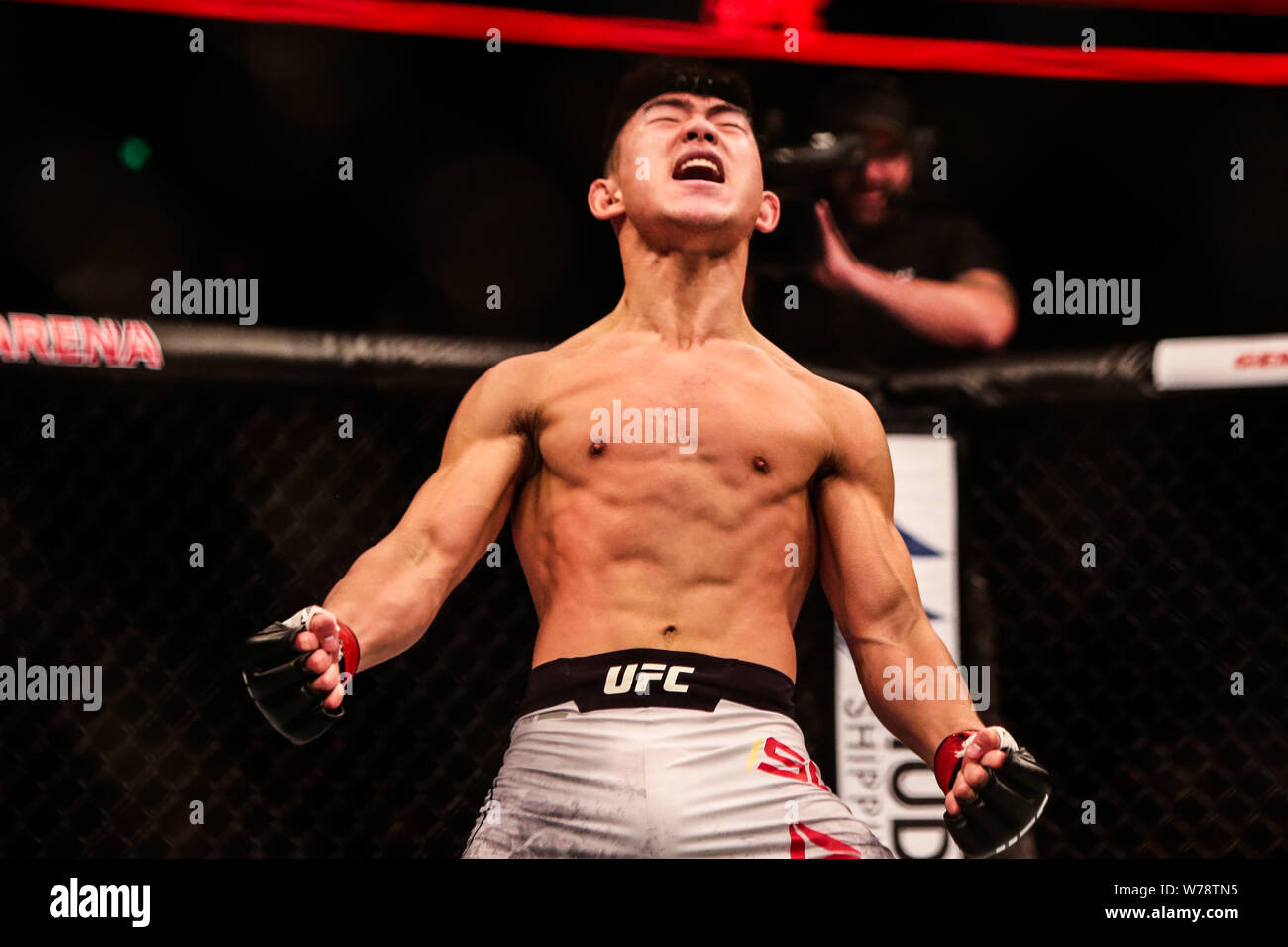 Cinese di arti marziali miste artista canzone Yadong pone per festeggiare dopo aver sconfitto Indian mixed martial artista Bharat Khandare durante il 2017 UFC Fight Night Foto Stock