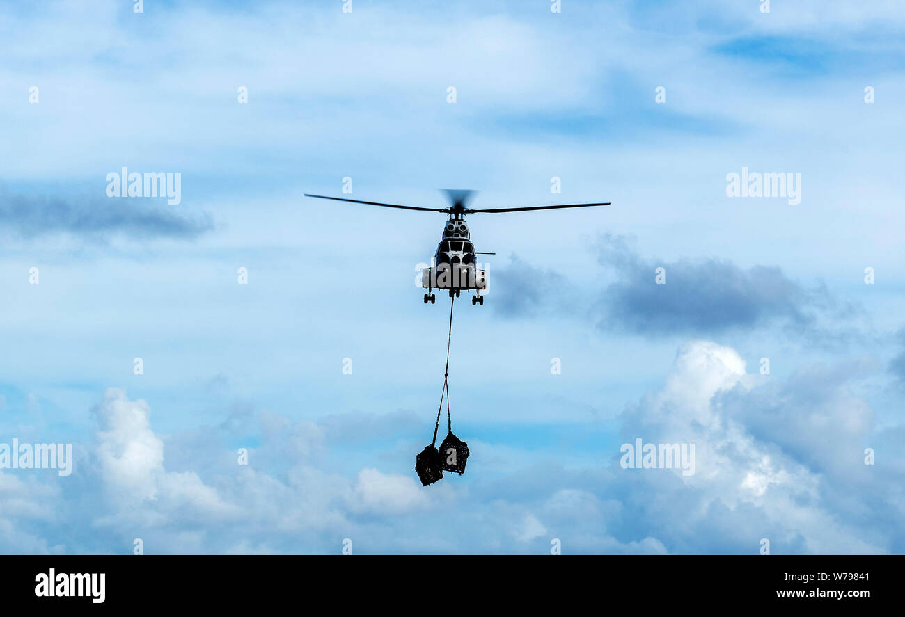 190802-N-DQ787-0079 CORAL SEA (2 agosto 2019)- Una SA-330J Puma elicottero, attaccato al USNS Richard E. Byrd (T-AKE 4), offre materiali di consumo per il ponte di volo dell'assalto anfibio nave USS Wasp (LHD 1) durante un rifornimento in mare. Wasp, ammiraglia della Vespa Anfibia Gruppo pronto, con avviato 31 Marine Expeditionary Unit, è operativo nell'Indo-Pacifico regione per migliorare l'interoperabilità con i partner e servire come una pronta risposta forza per qualsiasi tipo di emergenza. (U.S. Foto di Marina di Massa Specialista comunicazione marinaio apprendista David Glotzbach) Foto Stock