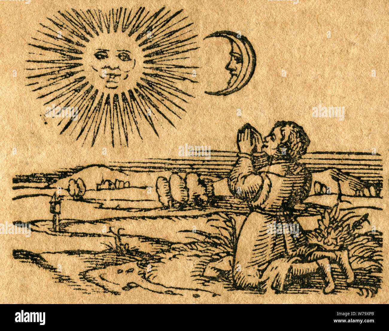 Europa, Ungarn, die Hunnen oder Ungarn beten zur Sonne und zum Mond, um 900 ? , Holzschnitt aus der Cosmographia ' ' des Sebastian Münster, um 1620 , Motiv aus einem Buch . / Europa, Ungheria, Unni o ungheresi pregare per luna e sole , circa 900 ? , Incisione su legno dal ' ' Cosmographia di Sebastian Münster, intorno al 1620 . Foto Stock