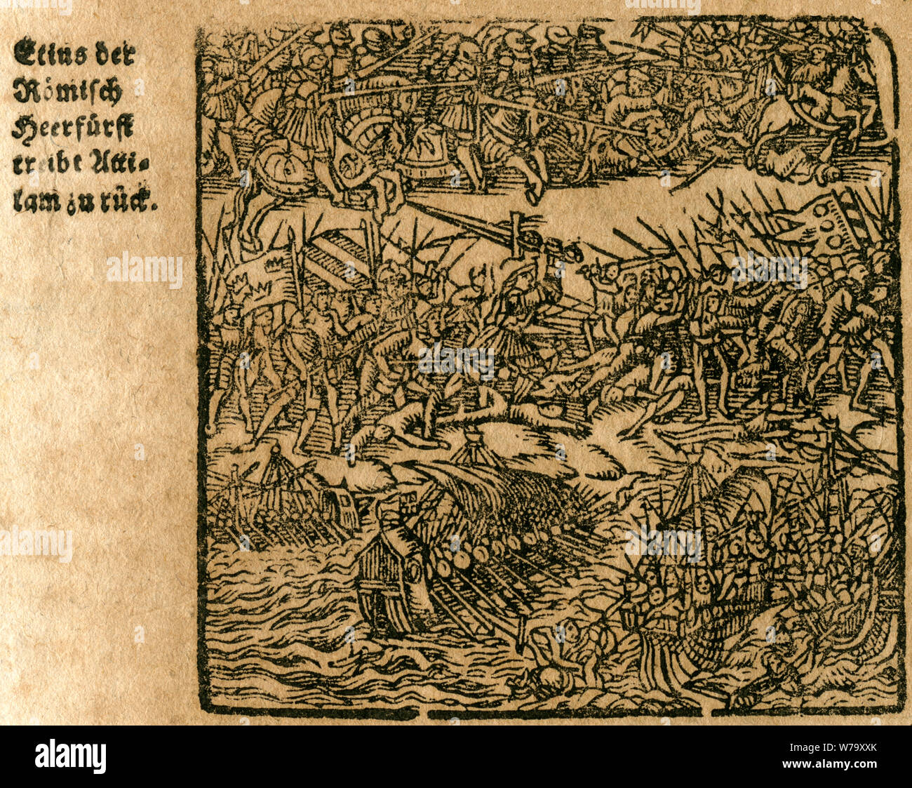 Europa, Flavius Aetius ( Etius ) , römischer Heerführer, schlägt zusammen mit den Westgoten die Hunnen zurück, Schlacht auf den Feldern Katalaunischen, um 451 , Holzschnitt aus der Cosmographia ' ' des Sebastian Münster, um 1620, Motiv aus einem Buch . / Europa, Flavius Aetius, Romana stratega, Torna scioperi unni intorno al 453 D.C. La Battaglia delle pianure Catalaunian, incisione su legno dal ' ' Cosmographia di Sebastian Münster, intorno al 1620, immagine da un libro . Foto Stock