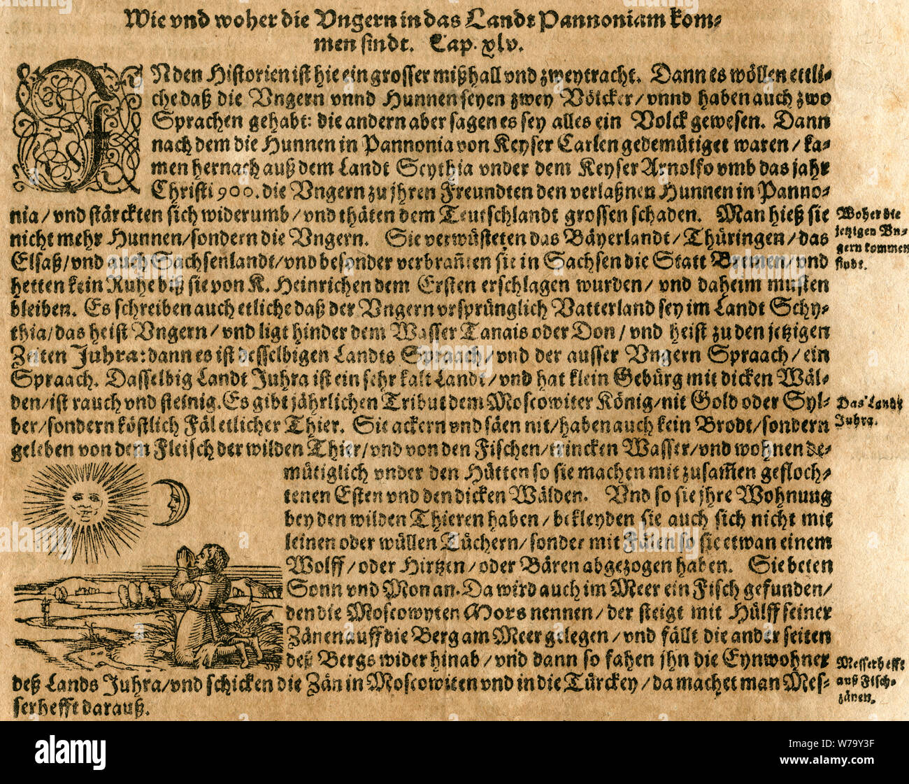 Europa, Ungarn, die Hunnen oder Ungarn beten zur Sonne und zum Mond, um 900 ? , Holzschnitt aus der Cosmographia ' ' des Sebastian Münster, um 1620 , Motiv aus einem Buch , dazu der entsprechende testo . / Europa, Ungheria, Unni o ungheresi pregare per luna e sole , circa 900 ? , Incisione su legno dal ' ' Cosmographia di Sebastian Münster, intorno al 1620 , anche il testo originale di questa immagine . Foto Stock