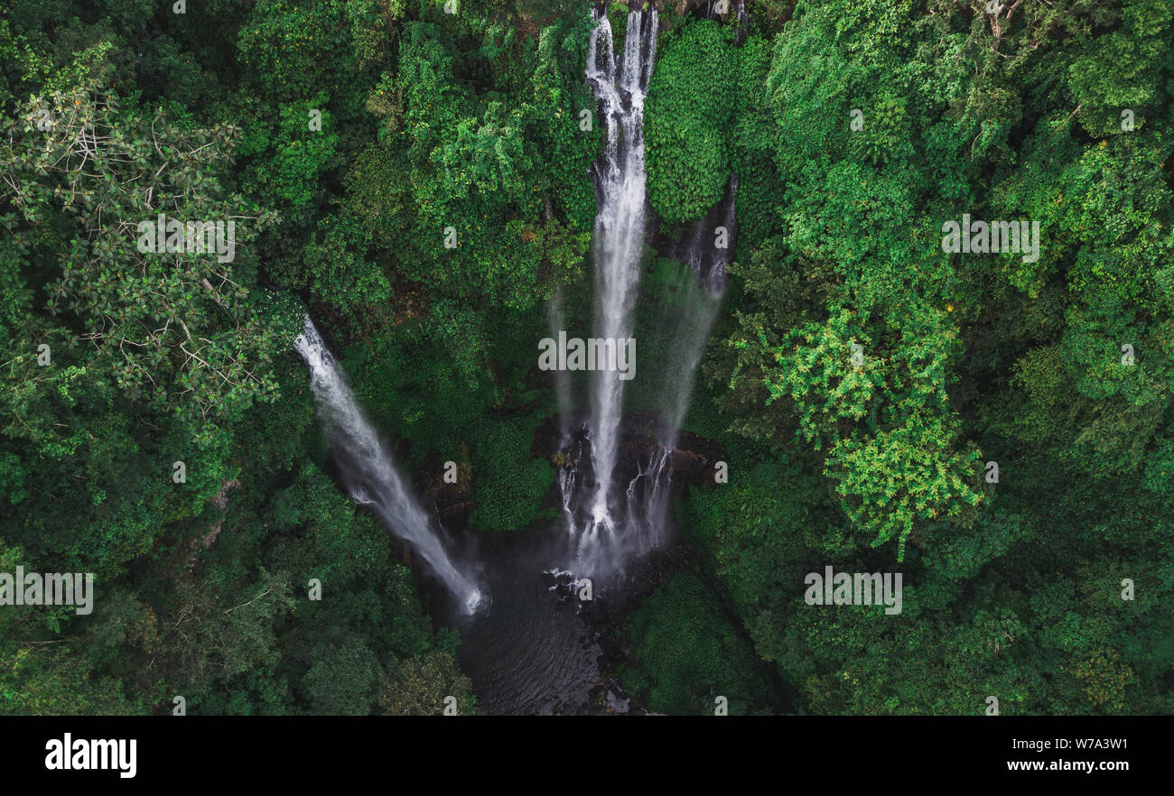 Vista aerea del famoso Sekumpul cascate di Bali, Indonesia. Una giungla tropicale foresta pluviale Foto Stock