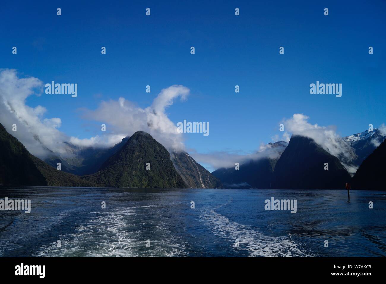 Viste da una gita in barca attraverso il Milford Sound, Fjordland, Isola del Sud della Nuova Zelanda Foto Stock