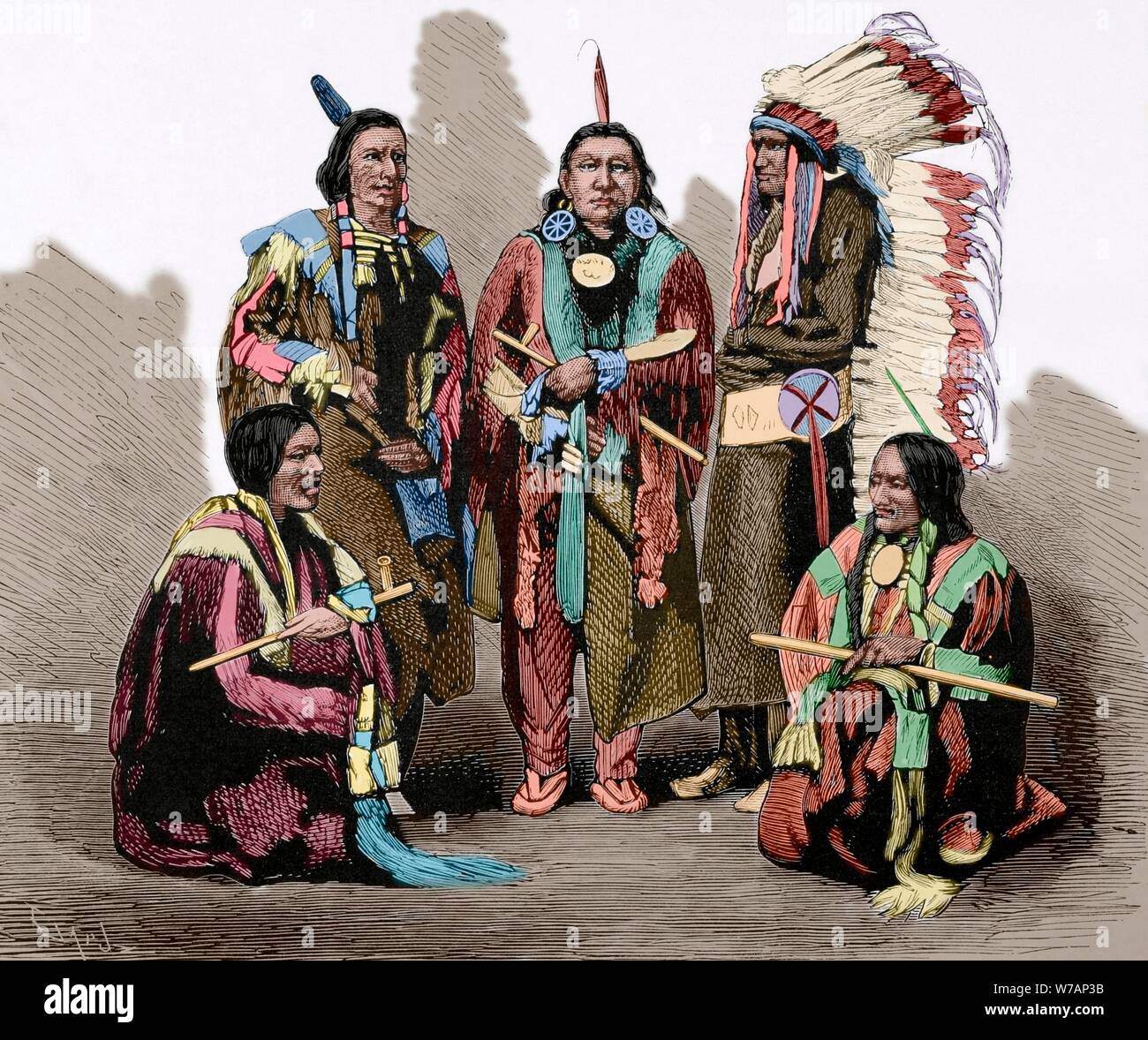 Estados Unidos. Quelli di guerra Indias. Principales jefes de los indios Sioux vencedores del generale George Armstrong Custer. De izquierda a derecha: Red Fox (Zorro Colorado), Bearskin (Cuero de Oso), Red Dog (Perro Rojo), Rocky Bear (Oso Duro) y vivere Bear (Oso vivo). Grabado. La Ilustración Española y Americana. 8 de septiembre de 1876. Coloreado. Foto Stock