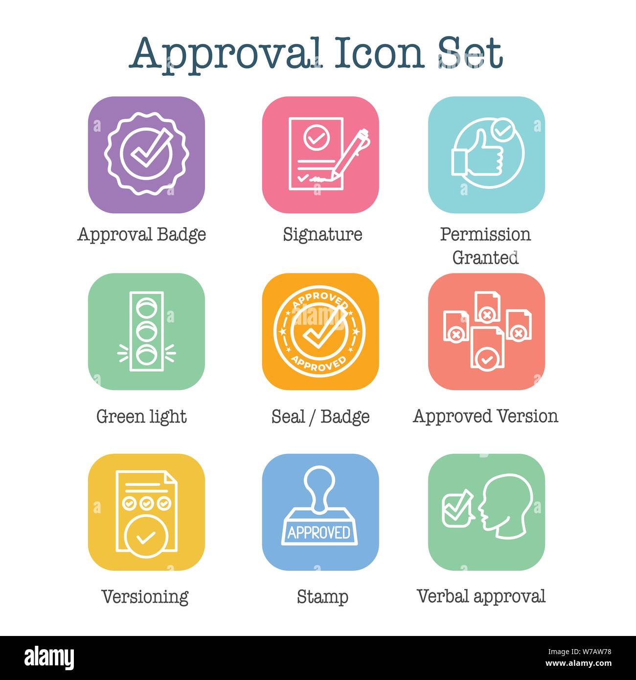 Approvazione e firma Imposta icona con il timbro e le icone di versione Illustrazione Vettoriale