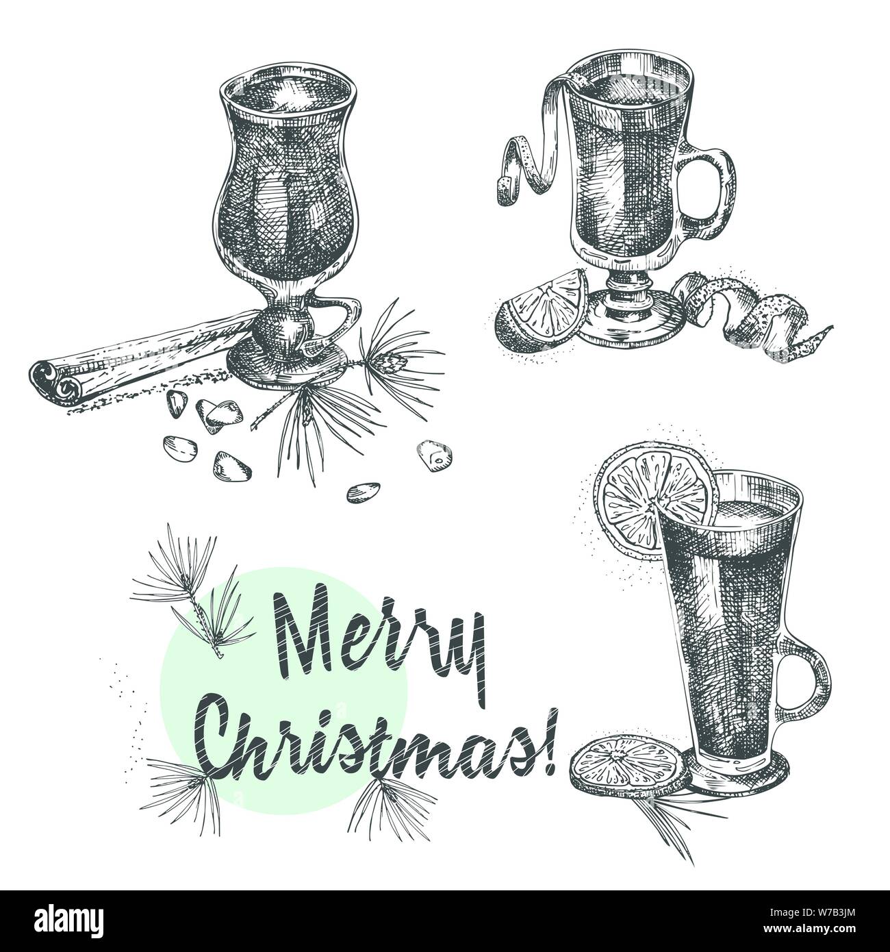 Set di spezie invernali natalizie disegnate a mano e bicchieri di bevande invernali tradizionalmente calde. VIN brulé, melgnog, grog, sidro, cioccolato. Bene Illustrazione Vettoriale