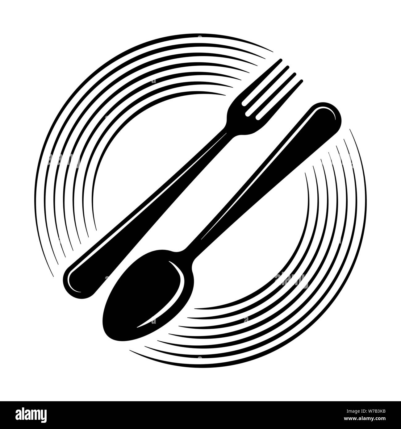 Logo astratto di un bar o un ristorante. Un cucchiaio e forchetta su una piastra. Un semplice profilo. Illustrazione Vettoriale