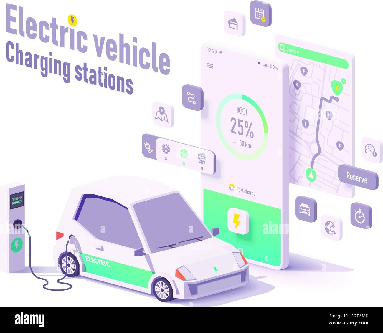 Vettore veicolo elettrico stazioni di caricamento app Illustrazione Vettoriale