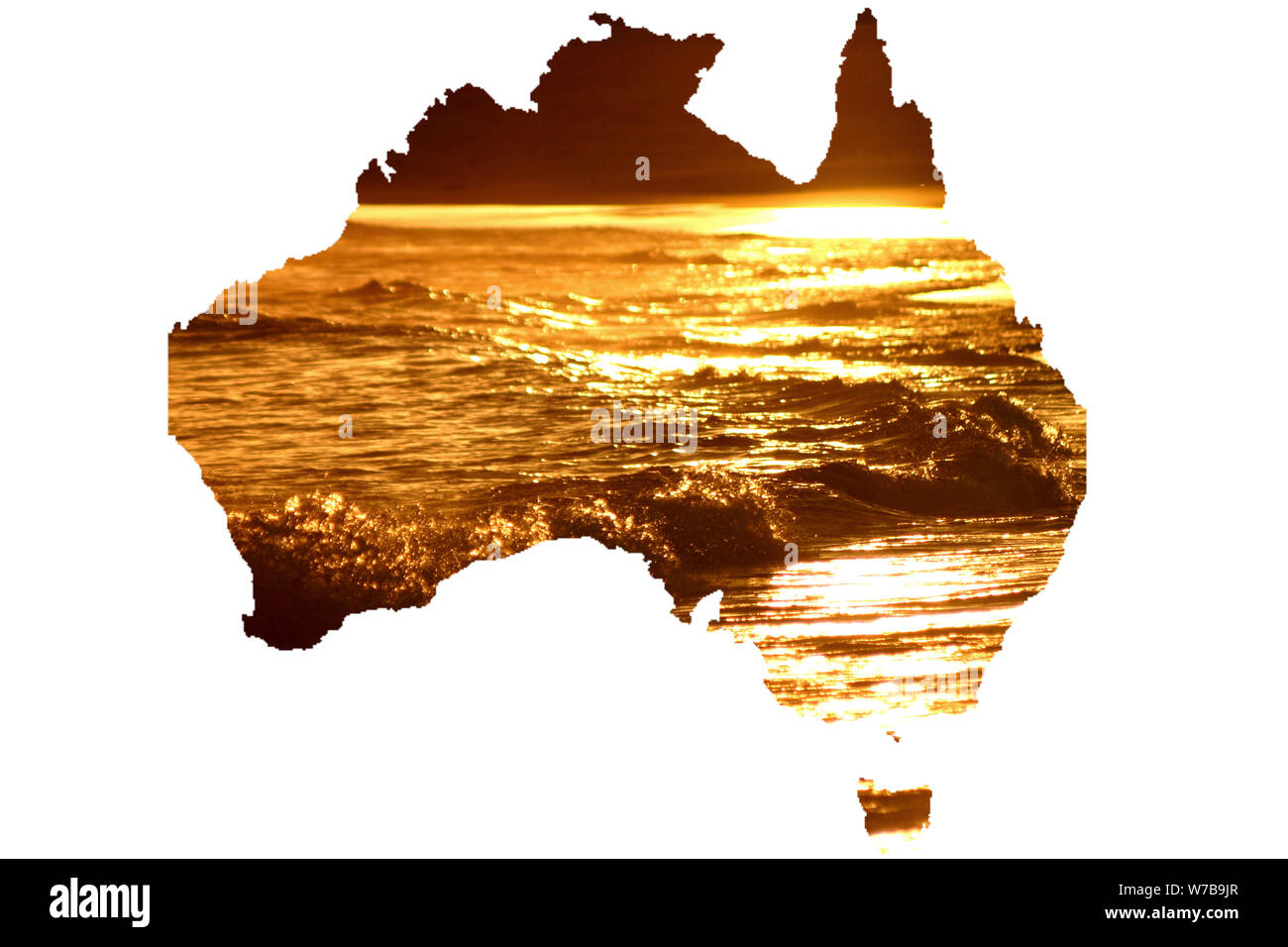 Un profilo di Australia con un'immagine di un tramonto nel centro. Golden suolo parte dell inno nazionale. Foto Stock