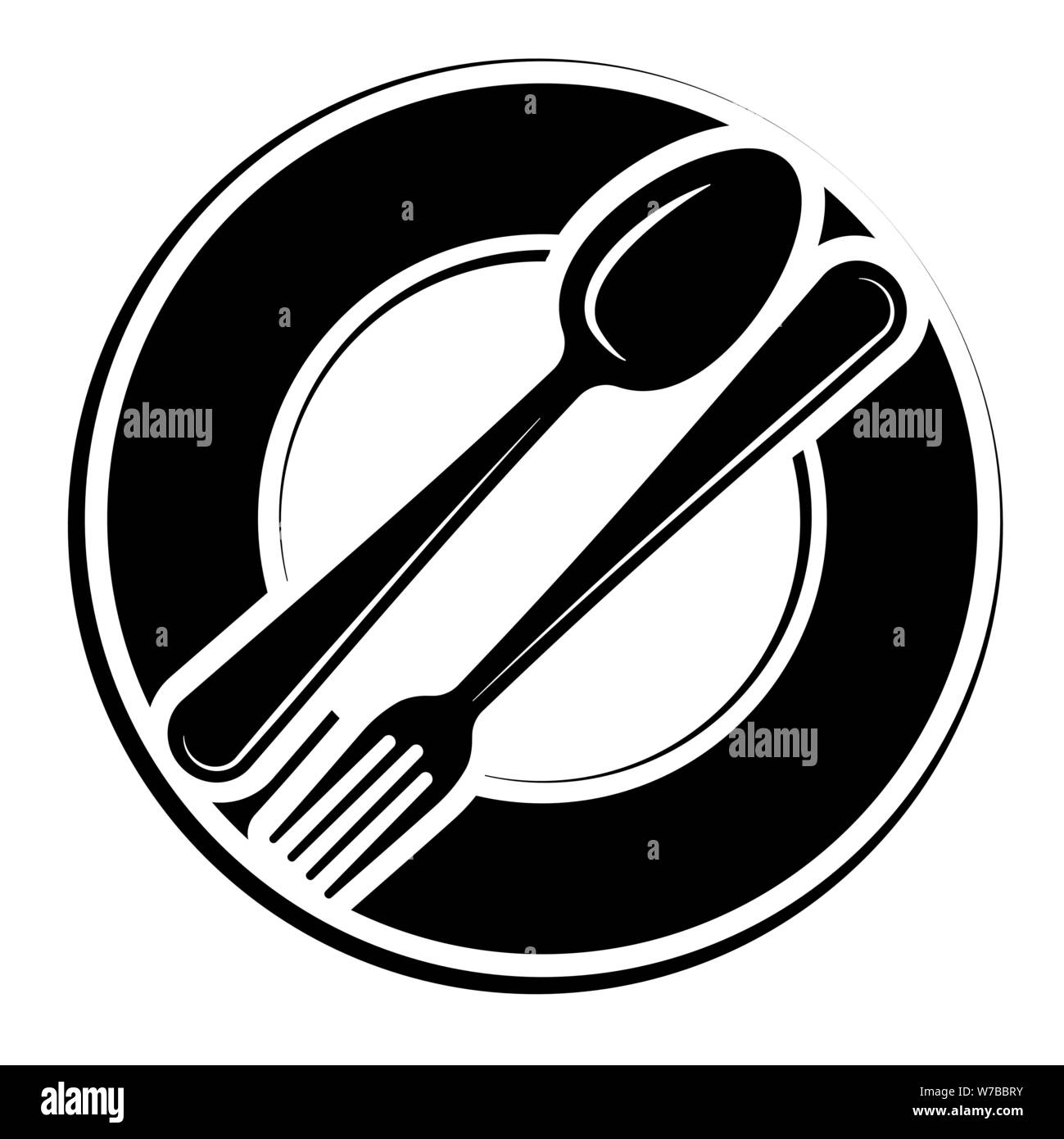 Logo astratto di un bar o un ristorante. Un cucchiaio e forchetta su una piastra. Un semplice profilo. Illustrazione Vettoriale