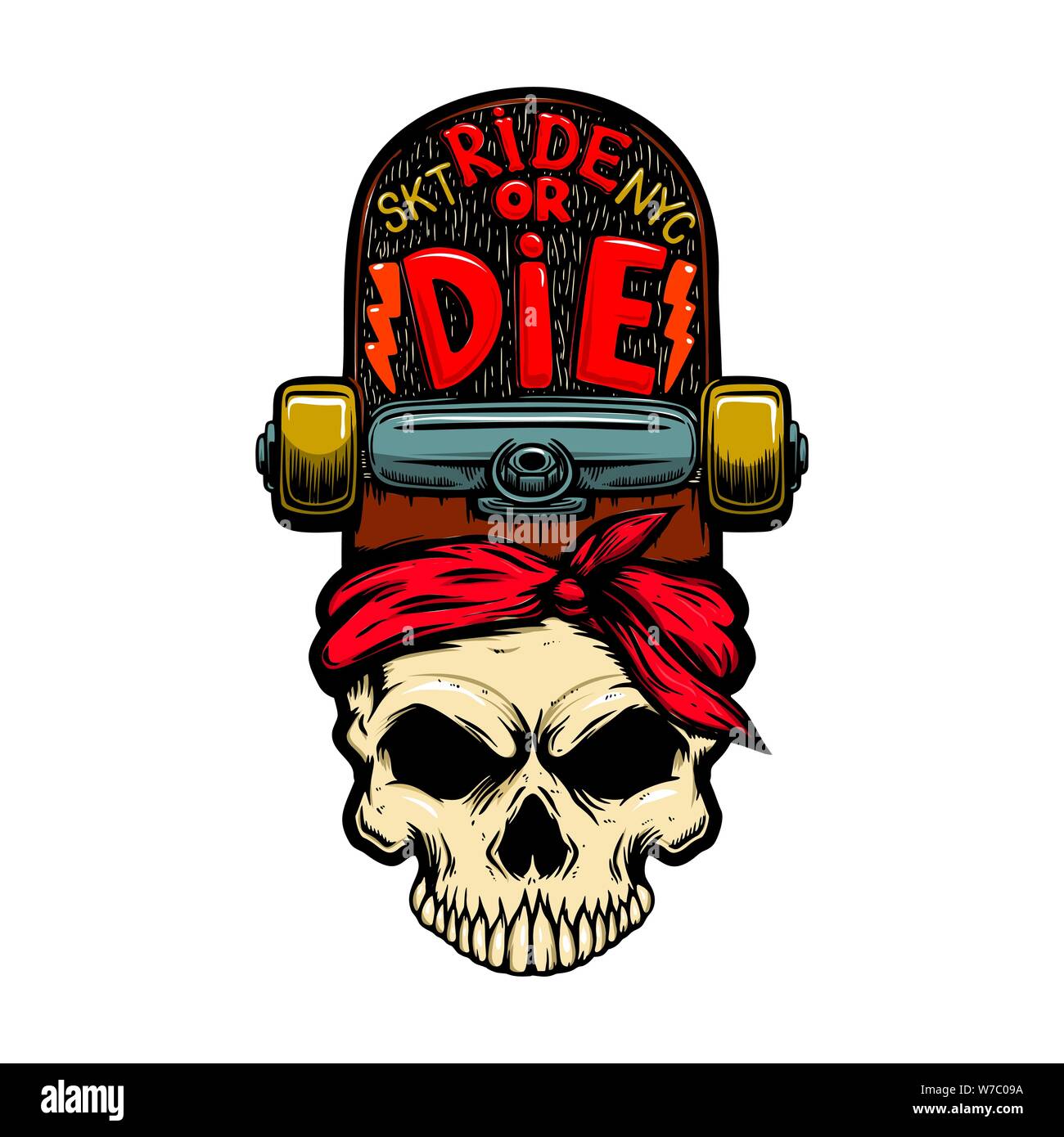 Ride o morire. Cranio con lo skateboard. Elemento di design per il logo, marchio, segno, pin, poster, t-shirt. Illustrazione Vettoriale Illustrazione Vettoriale