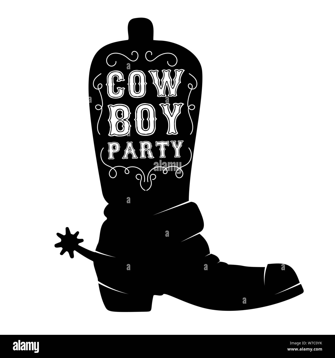 Wild West party. Cowboy boot con scritte. Elemento di design per poster, t-shirt, emblema, segno. Illustrazione Vettoriale