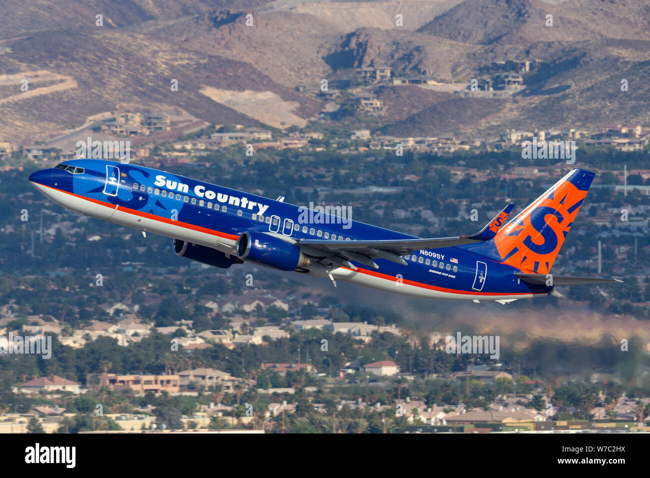 Sun Country Airlines Boeing 737 aereo decolla dall'Aeroporto Internazionale di McCarran di Las Vegas. Foto Stock