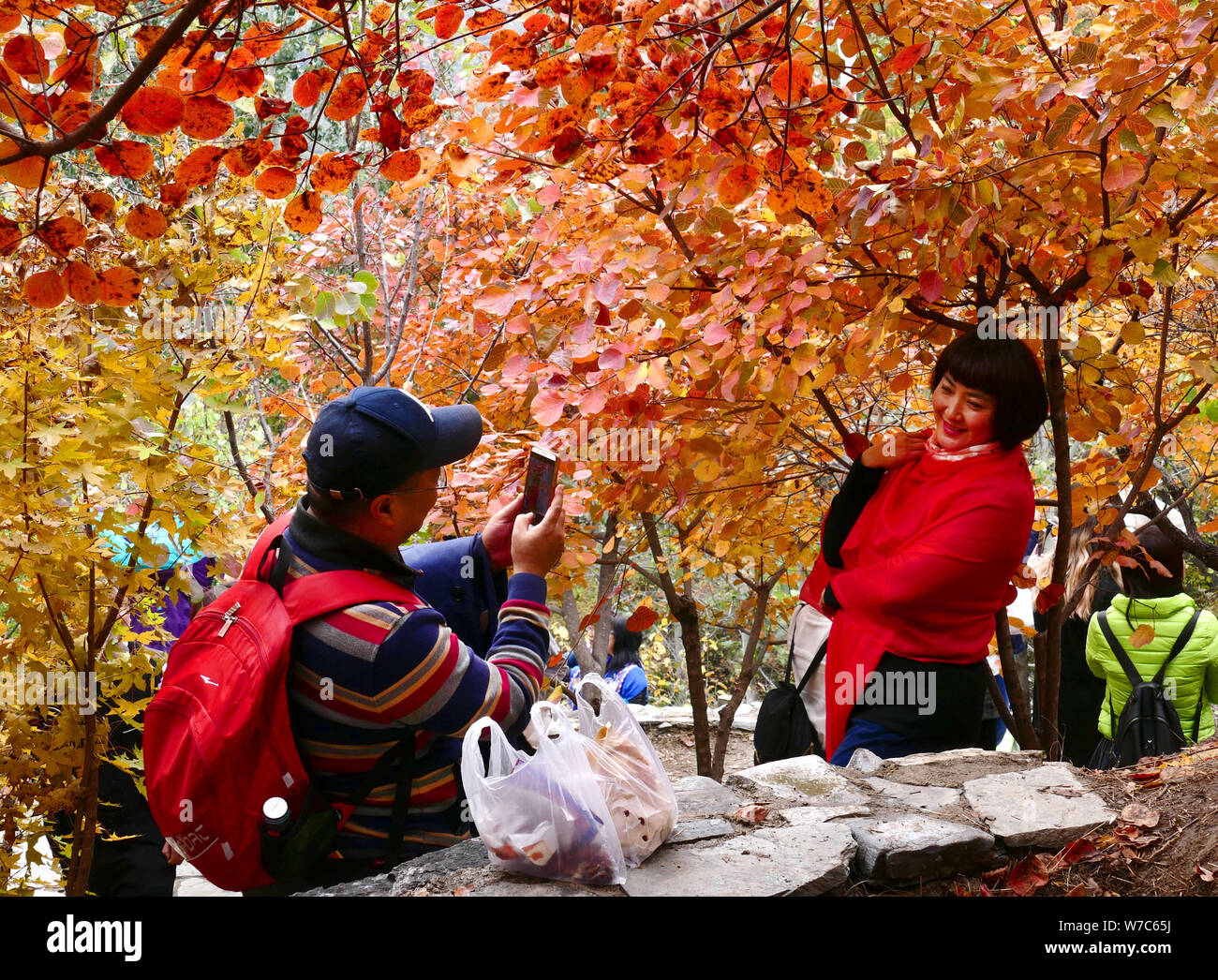 I turisti si riuniscono per visualizzare la rotazione di foglie alla sesta annuale foglie rosse Festival nel distretto Fangshan, Pechino, 22 ottobre 2017. Persone raccolte Foto Stock