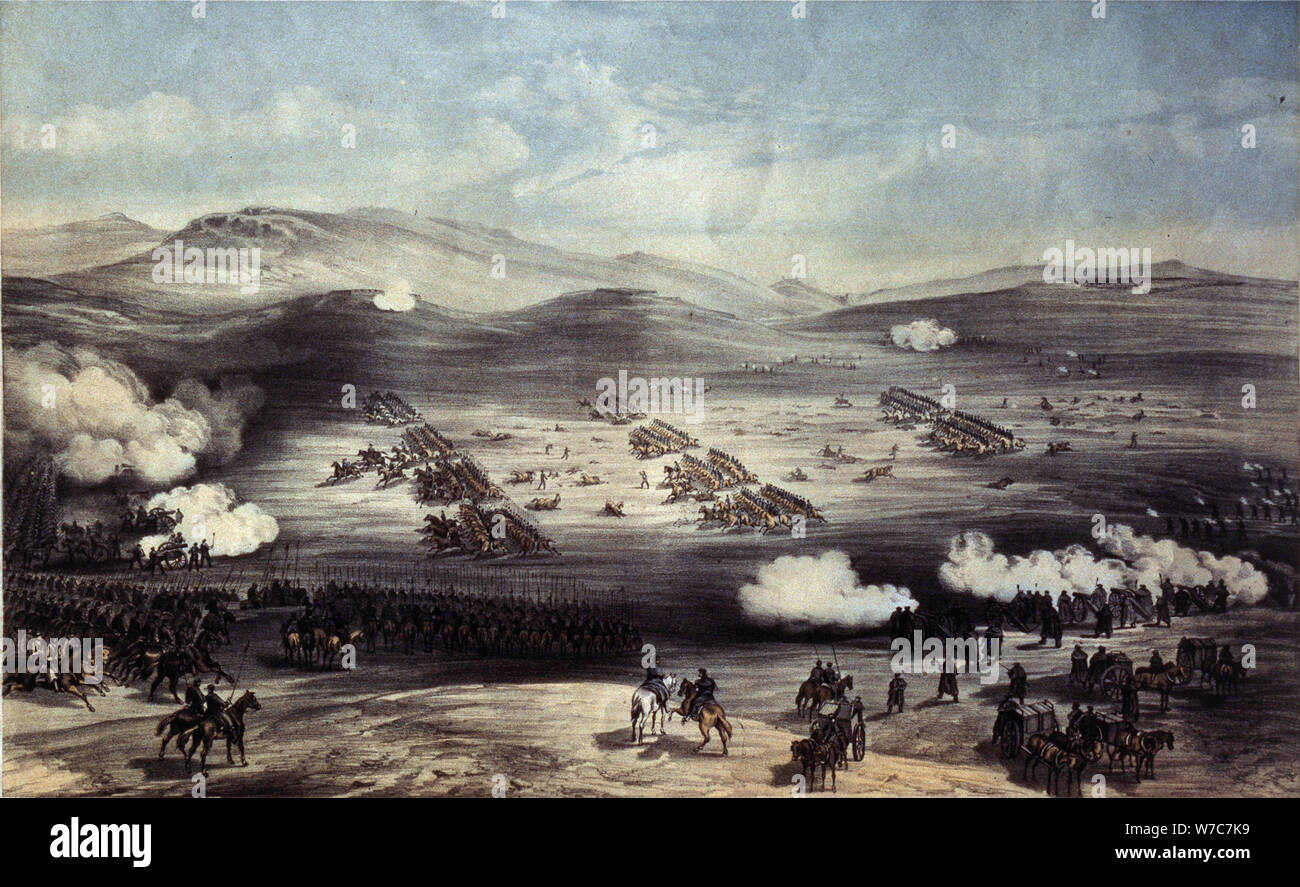 La battaglia di Balaclava il 25 ottobre 1854. La carica di luce Brigata. Artista: Simpson, William (1832-1898) Foto Stock