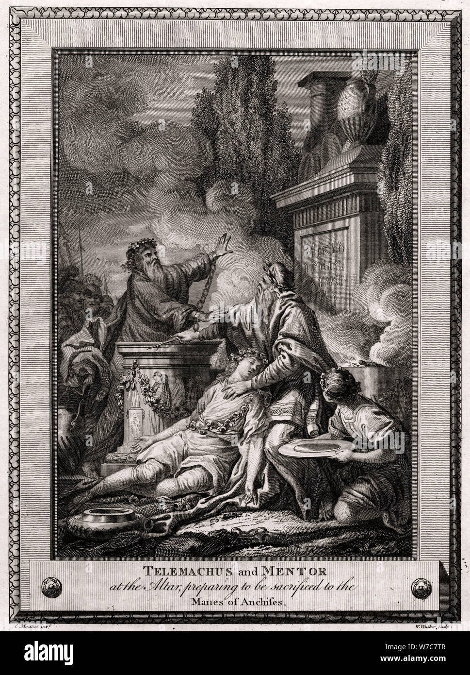 "Telemaco e mentore presso l'altare, preparando per essere sacrificati per la criniera di Anchise", 1774. Artista: W Walker Foto Stock