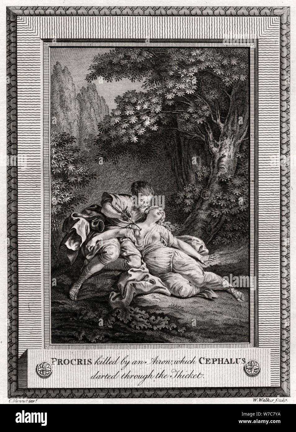 "Procris ucciso da una freccia che cefalo sfrecciato attraverso il canneto", 1775. Artista: W Walker Foto Stock