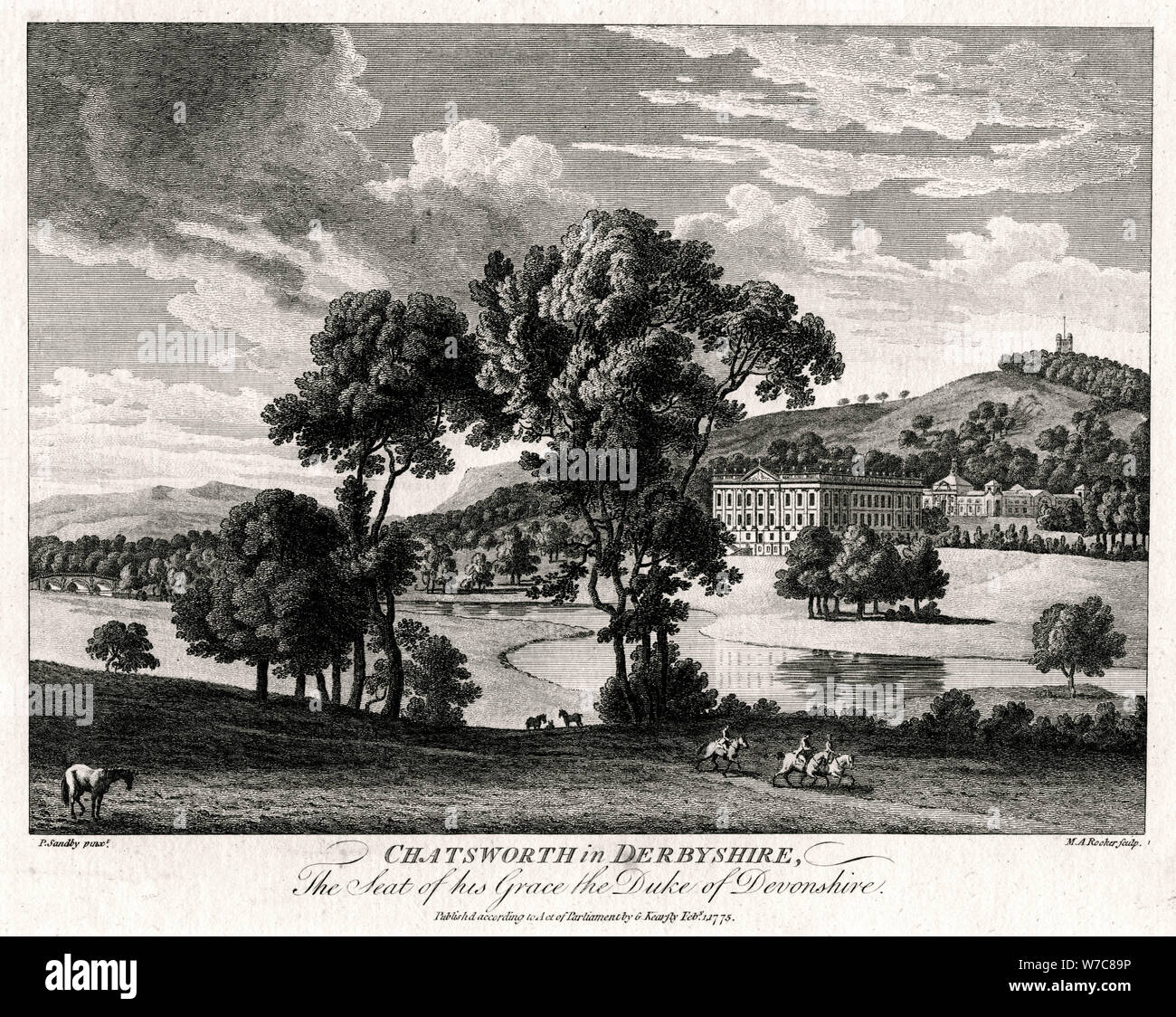 "Chatsworth nel Derbyshire, la sede della Sua Grazia il Duca di Devonshire', 1775. Artista: Michael Rooker Angelo Foto Stock