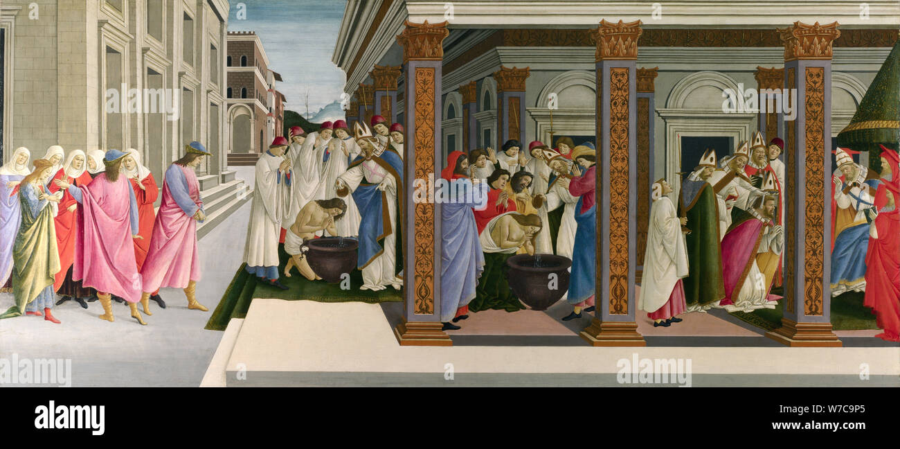 Tre miracoli di San Zanobi, c. 1500. Artista: Botticelli, Sandro (1445-1510) Foto Stock