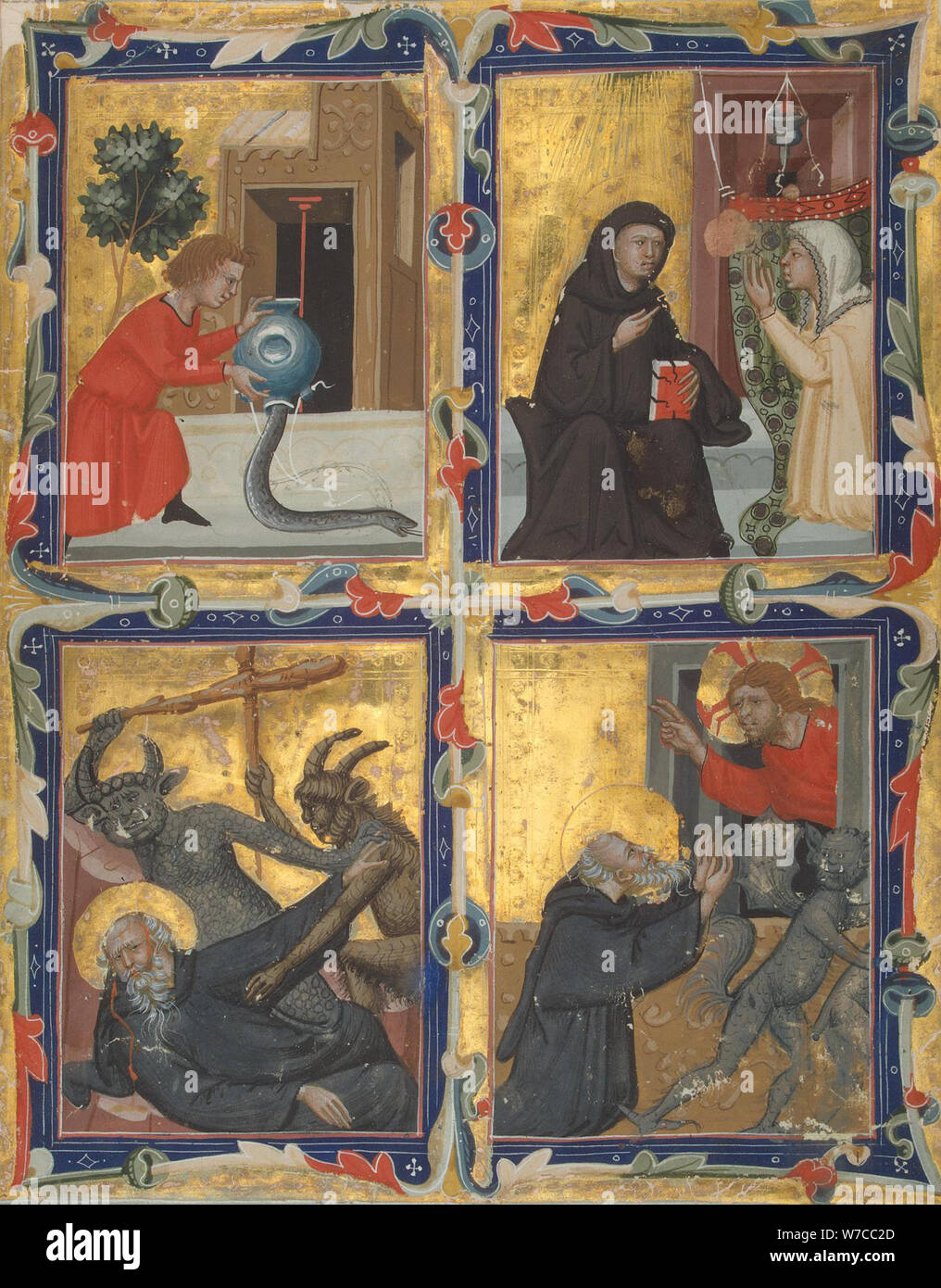 Scene della vita dei santi Benedetto da Norcia e Antonio Eremita. Foto Stock