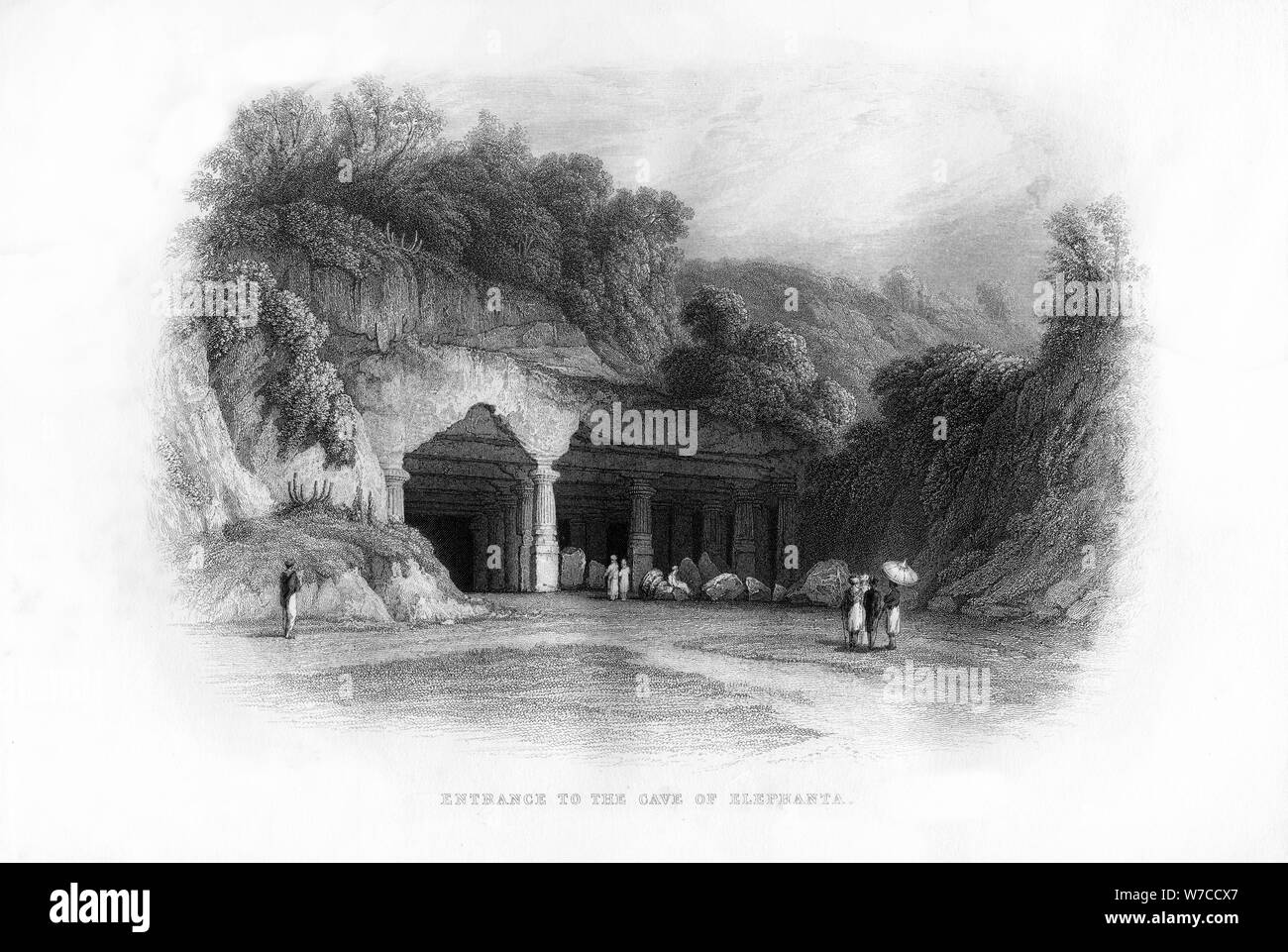 Ingresso al Elephanta Caves, Bombay, India del XIX secolo. Artista: sconosciuto Foto Stock