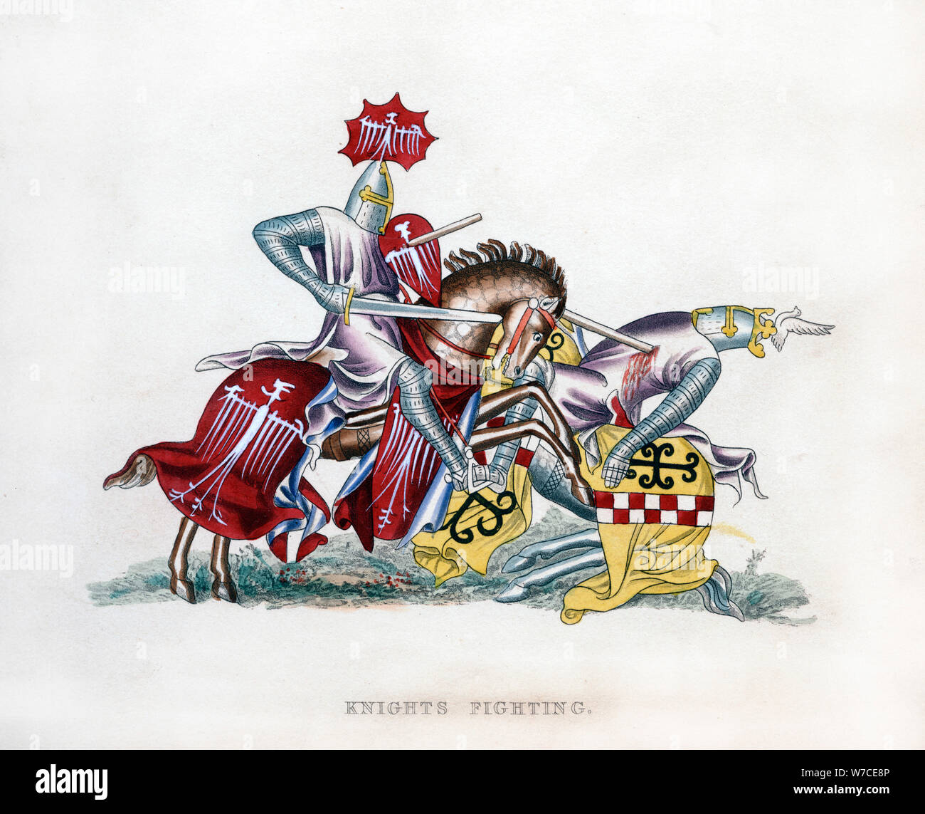 Combattimenti dei cavalieri, c1260, (1843).Artista: Henry Shaw Foto Stock