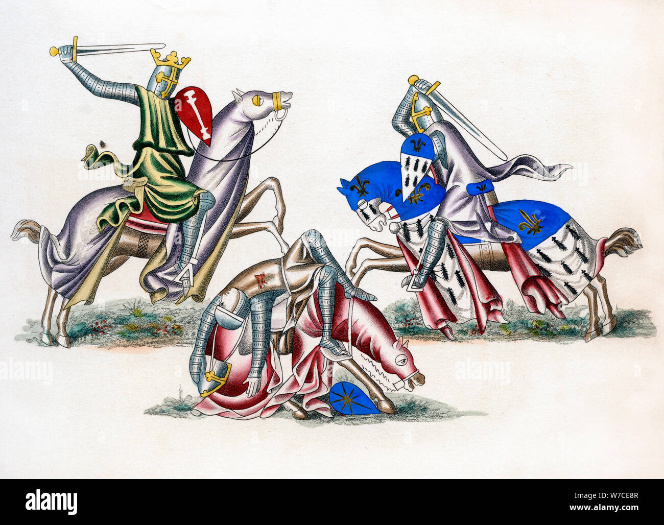 Combattimenti dei cavalieri, c1260, (1843).Artista: Henry Shaw Foto Stock