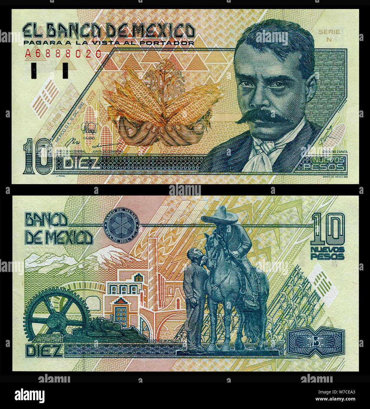 Il banco México 10 Nuevos pesos con un ritratto di Emiliano Zapata. Foto Stock