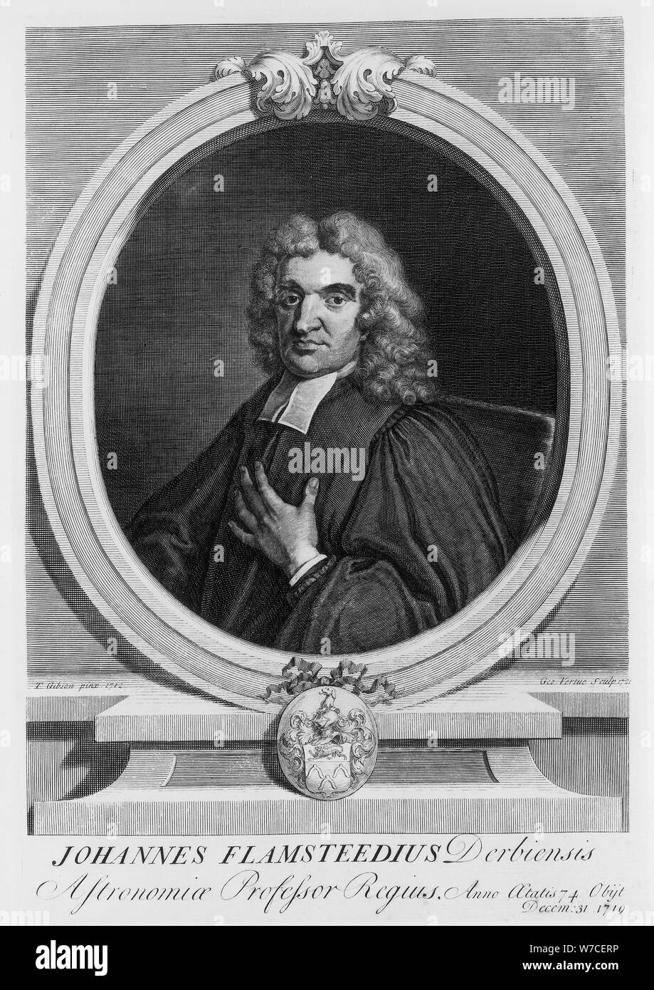 John Flamsteed, astronomo, 1712. Artista: George Vertue Foto Stock