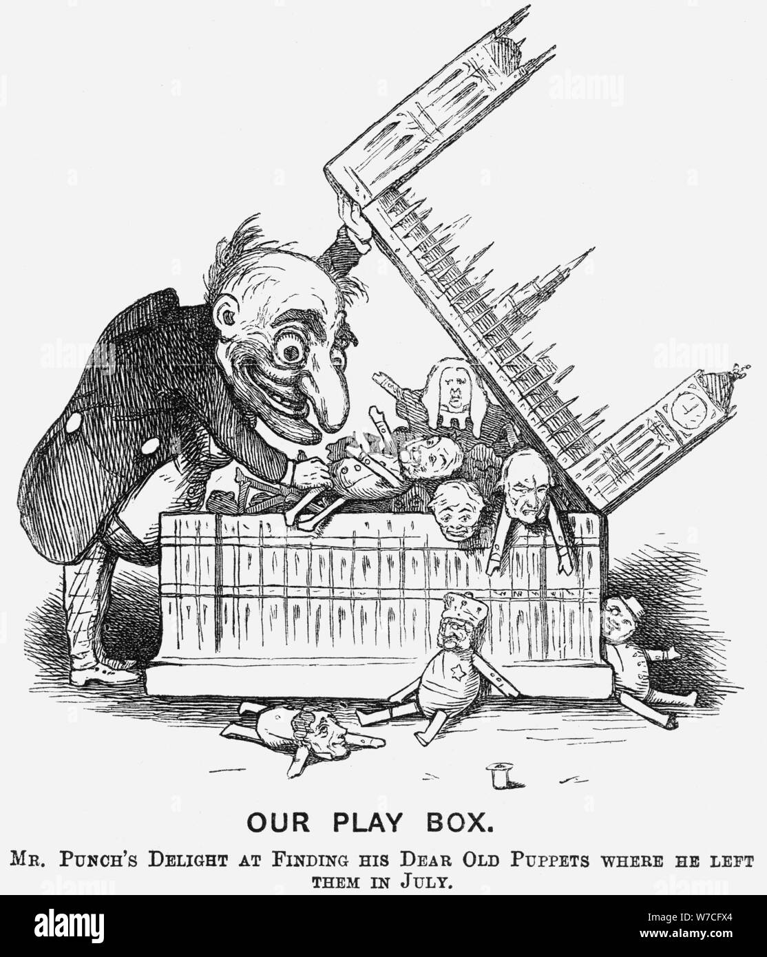 "La nostra casella di gioco. Signor punzone del piacere a trovare il suo caro vecchio burattini dove ha lasciato loro in luglio", 1865. Artista: sconosciuto Foto Stock