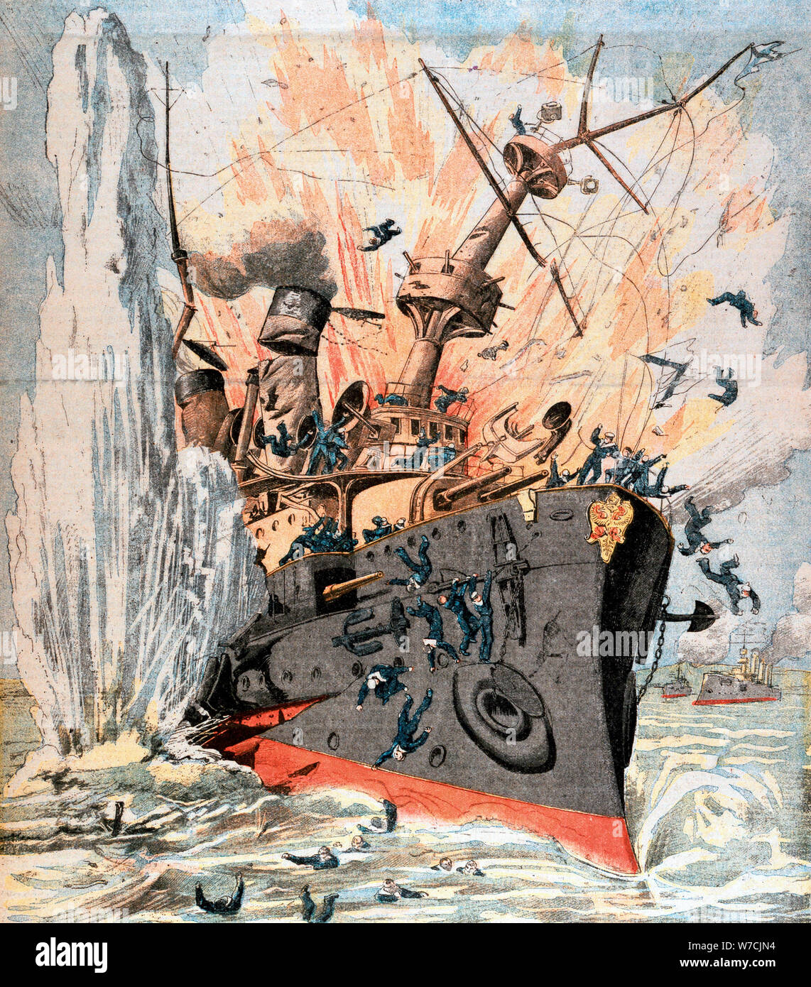 Nave russa affondato da un siluro giapponese, guerra Russo-Giapponese, 1904. Artista: sconosciuto Foto Stock