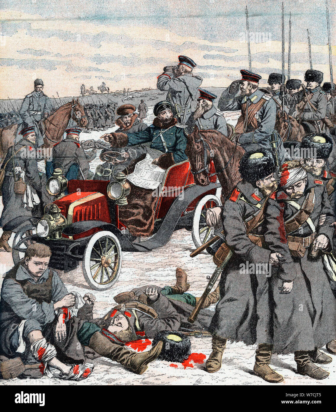 Generale Russo dirigere la campagna dalla sua auto, guerra Russo-Giapponese, 1904. Artista: sconosciuto Foto Stock