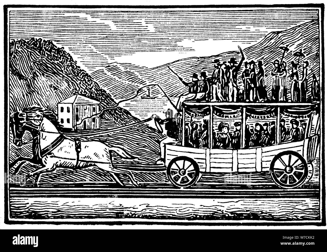 Carrozza a cavalli sul Baltimore e Ohio Railroad c1830. Artista: sconosciuto Foto Stock