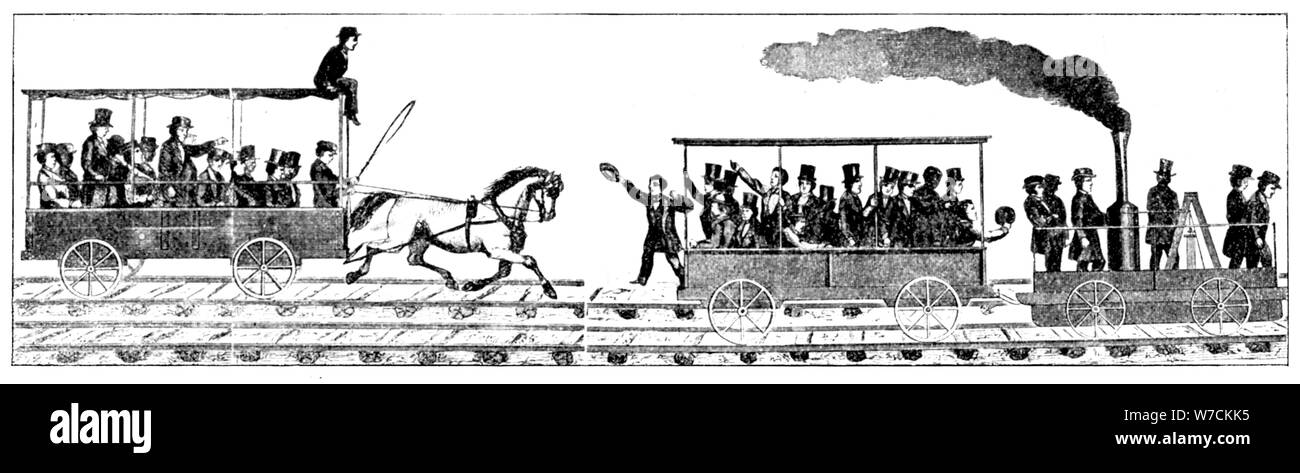 Gara tra Peter Cooper's locomotore 'Tom Thumb' e a cavallo carrozza ferroviaria, 1829. Artista: sconosciuto Foto Stock
