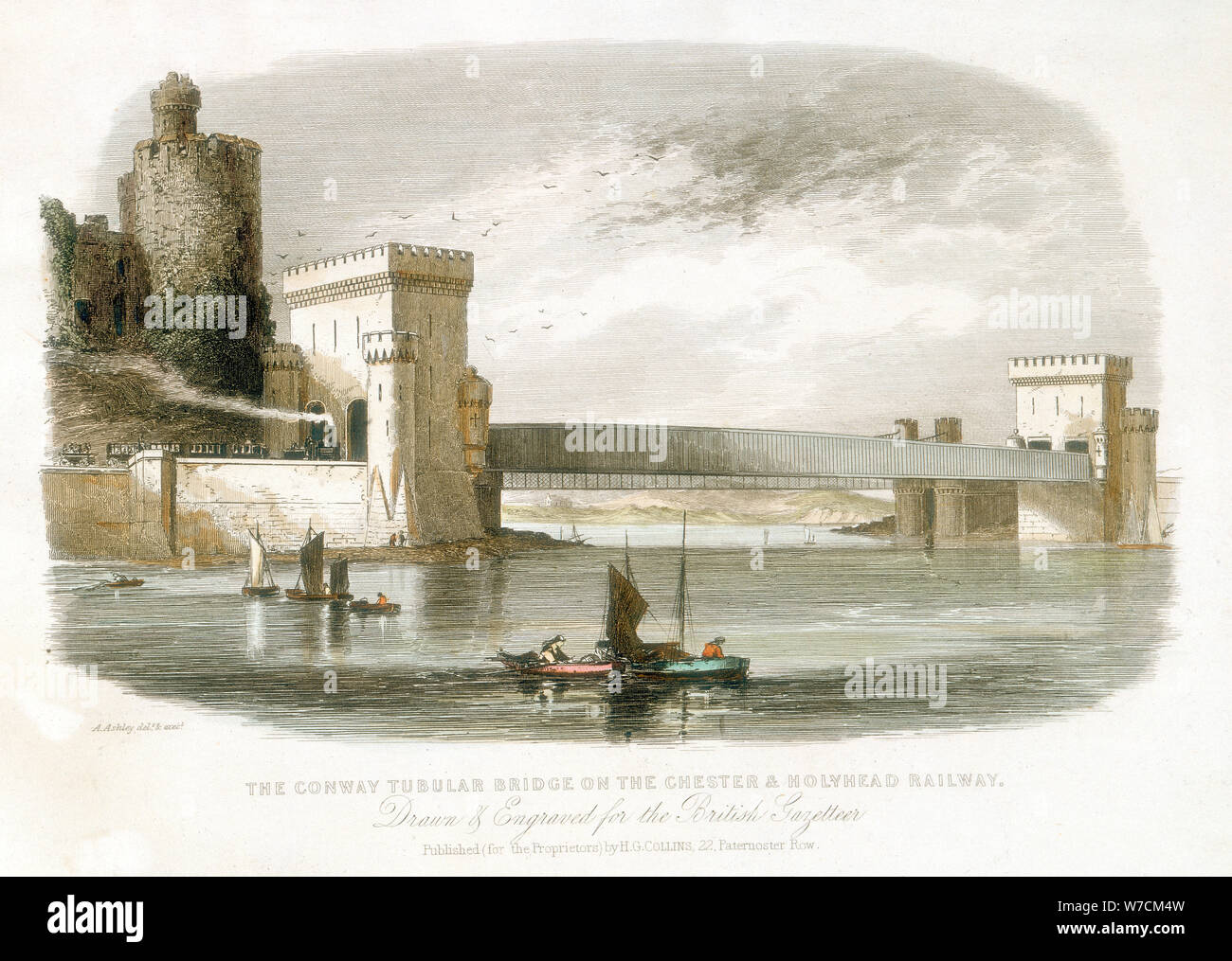 'L'Conwy tubolare di Ponte a Chester & Holyhead Ferrovia, il Galles del Nord, 1852. Artista: Alfred Ashley Foto Stock